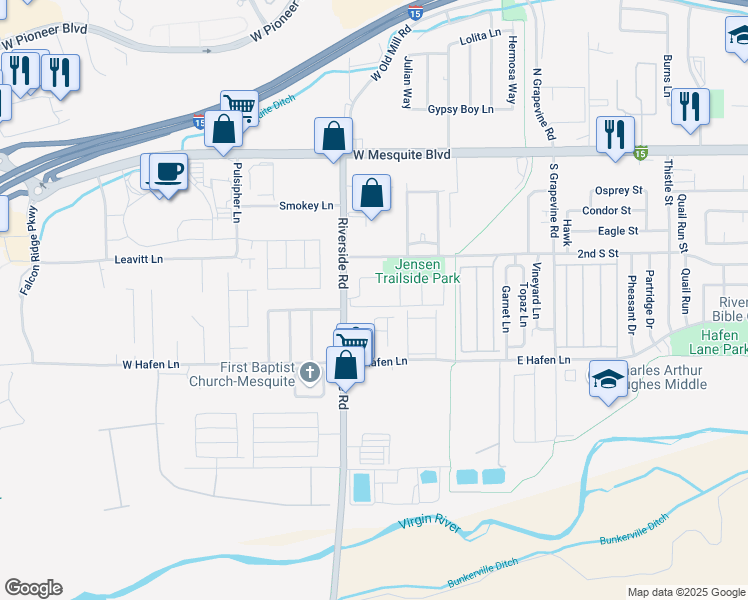 map of restaurants, bars, coffee shops, grocery stores, and more near 280 Riverside Road in Mesquite