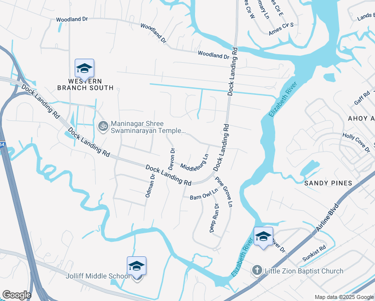 map of restaurants, bars, coffee shops, grocery stores, and more near 1612 Upperville Court in Chesapeake