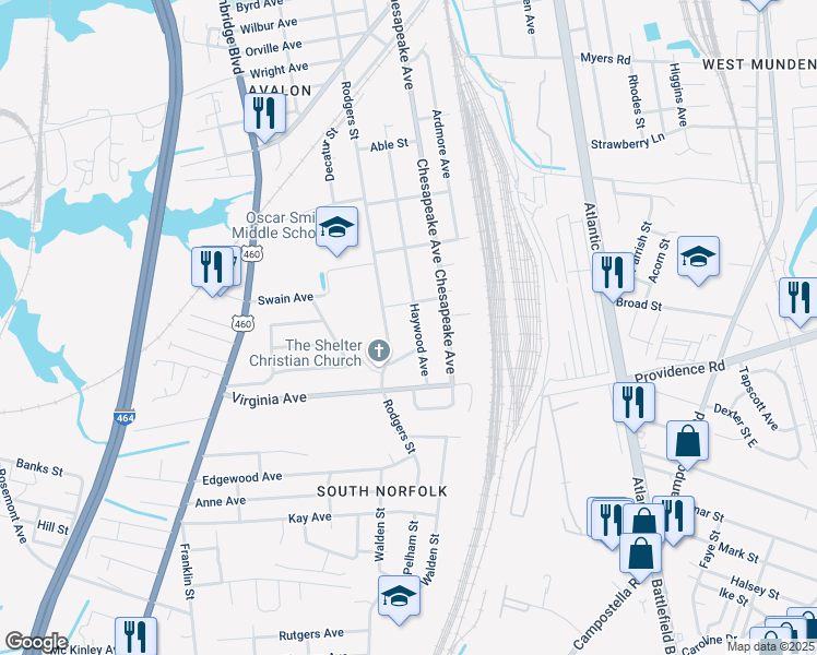 map of restaurants, bars, coffee shops, grocery stores, and more near 2500 Haywood Avenue in Chesapeake