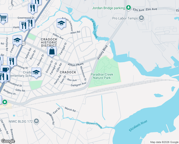 map of restaurants, bars, coffee shops, grocery stores, and more near 8 Oakcrest Street in Portsmouth