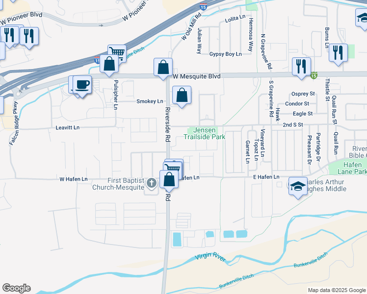 map of restaurants, bars, coffee shops, grocery stores, and more near 280 Riverside Road in Mesquite