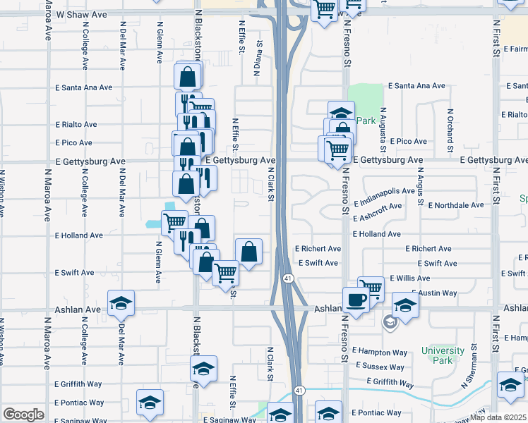 map of restaurants, bars, coffee shops, grocery stores, and more near 2014 East Indianapolis Avenue in Fresno
