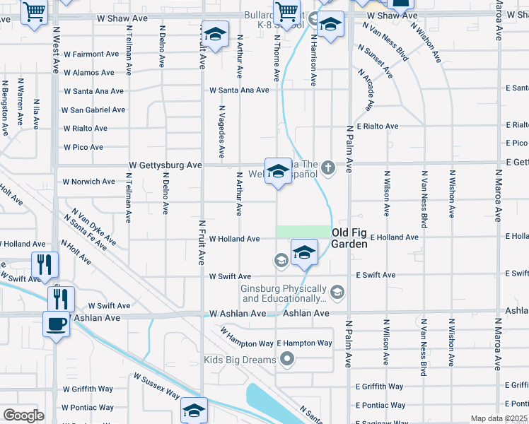 map of restaurants, bars, coffee shops, grocery stores, and more near 180 West Indianapolis Avenue in Fresno
