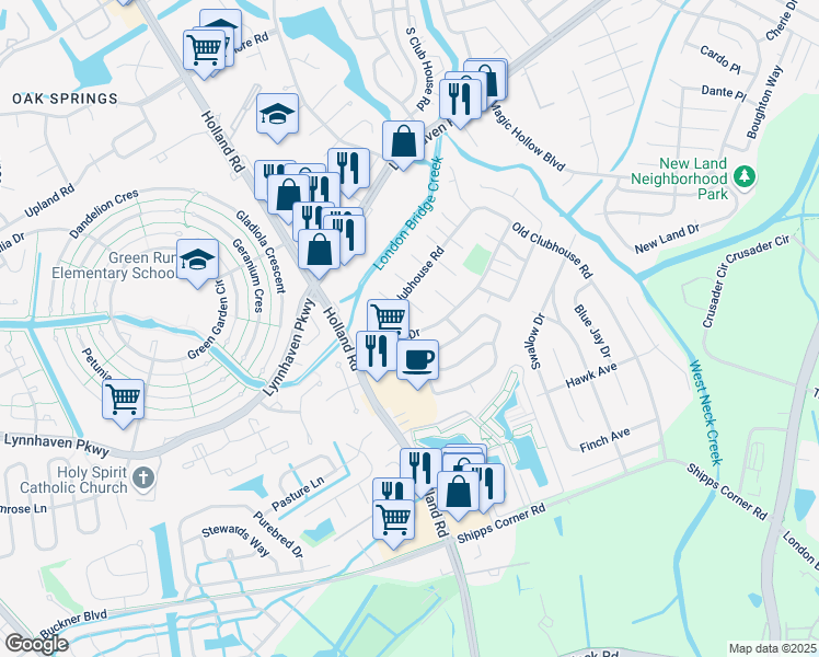 map of restaurants, bars, coffee shops, grocery stores, and more near 3210 Barlborough Way in Virginia Beach
