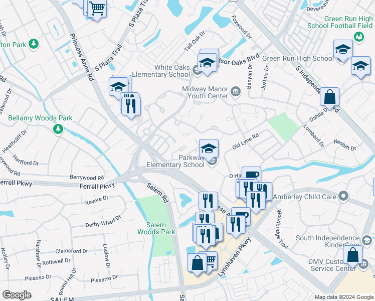 map of restaurants, bars, coffee shops, grocery stores, and more near 1040 Minneapolis Drive in Virginia Beach