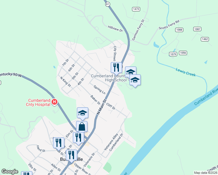 map of restaurants, bars, coffee shops, grocery stores, and more near 101-299 Oakland Street in Burkesville