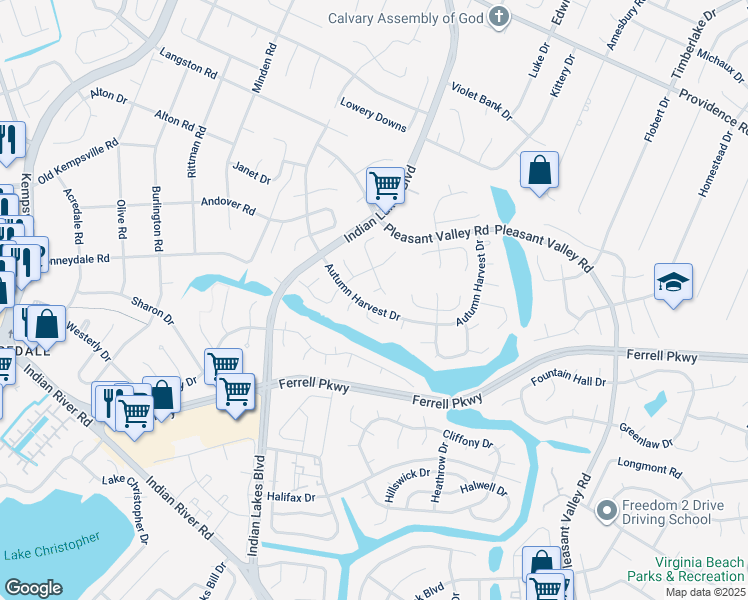 map of restaurants, bars, coffee shops, grocery stores, and more near 5009 Christian Circle in Virginia Beach