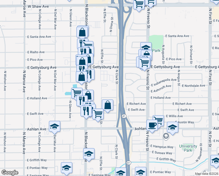 map of restaurants, bars, coffee shops, grocery stores, and more near 2014 East Indianapolis Avenue in Fresno
