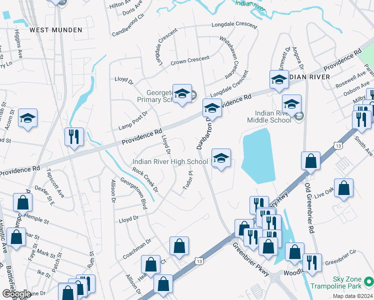 map of restaurants, bars, coffee shops, grocery stores, and more near 432 Redbrick Drive in Chesapeake