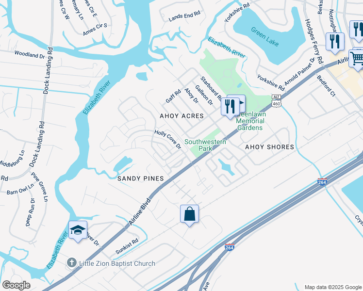 map of restaurants, bars, coffee shops, grocery stores, and more near 3932 Port Road in Chesapeake