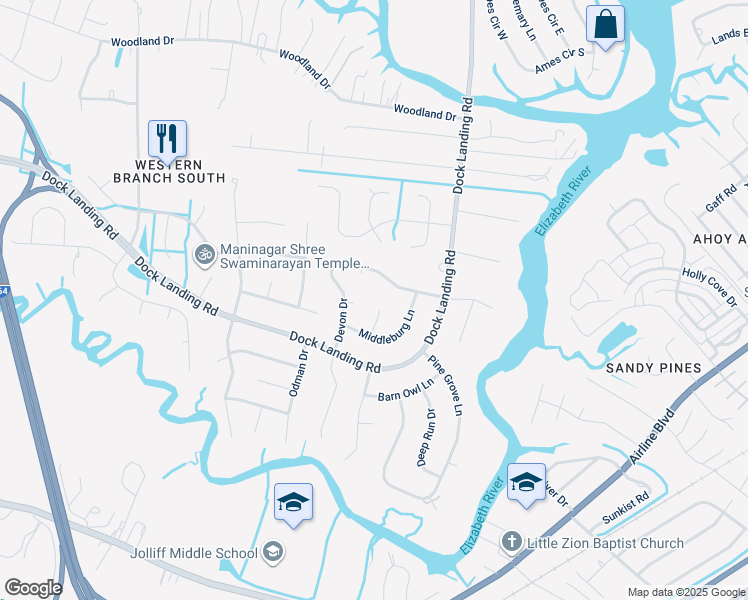 map of restaurants, bars, coffee shops, grocery stores, and more near 1612 Upperville Court in Chesapeake