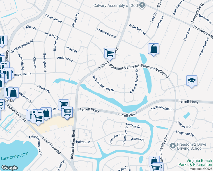 map of restaurants, bars, coffee shops, grocery stores, and more near 5009 Christian Circle in Virginia Beach