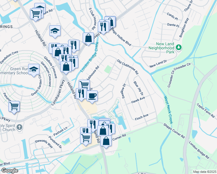 map of restaurants, bars, coffee shops, grocery stores, and more near 1113 Mondrian Loop in Virginia Beach