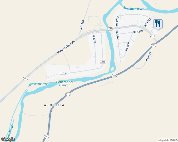 map of restaurants, bars, coffee shops, grocery stores, and more near 56 Co Road 4275 in Navajo Dam