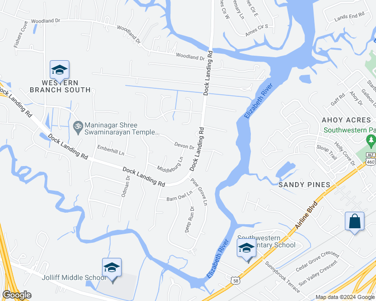 map of restaurants, bars, coffee shops, grocery stores, and more near 4001 Middleburg Lane in Chesapeake
