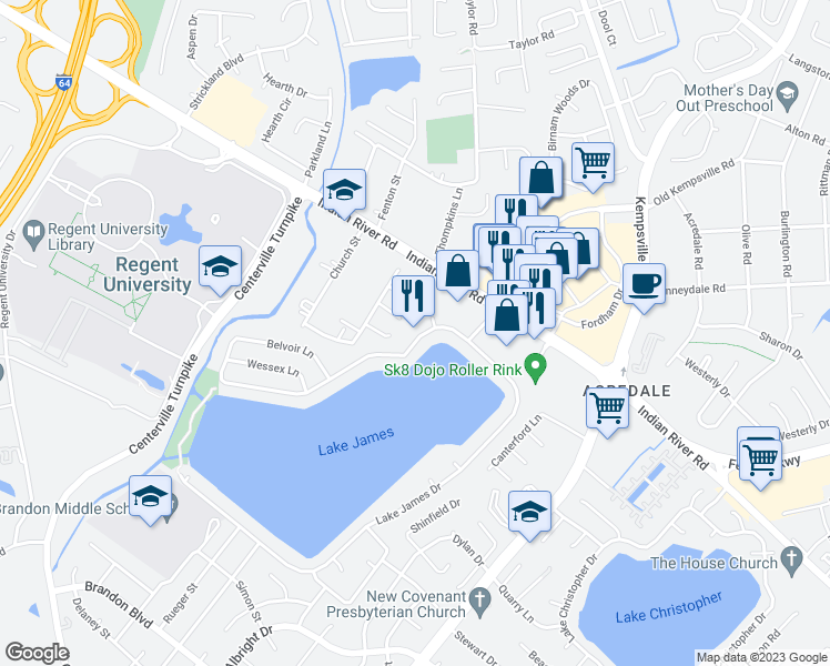 map of restaurants, bars, coffee shops, grocery stores, and more near 1268 Belvoir Lane in Virginia Beach