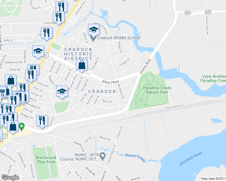 map of restaurants, bars, coffee shops, grocery stores, and more near 6 Morris Street in Portsmouth