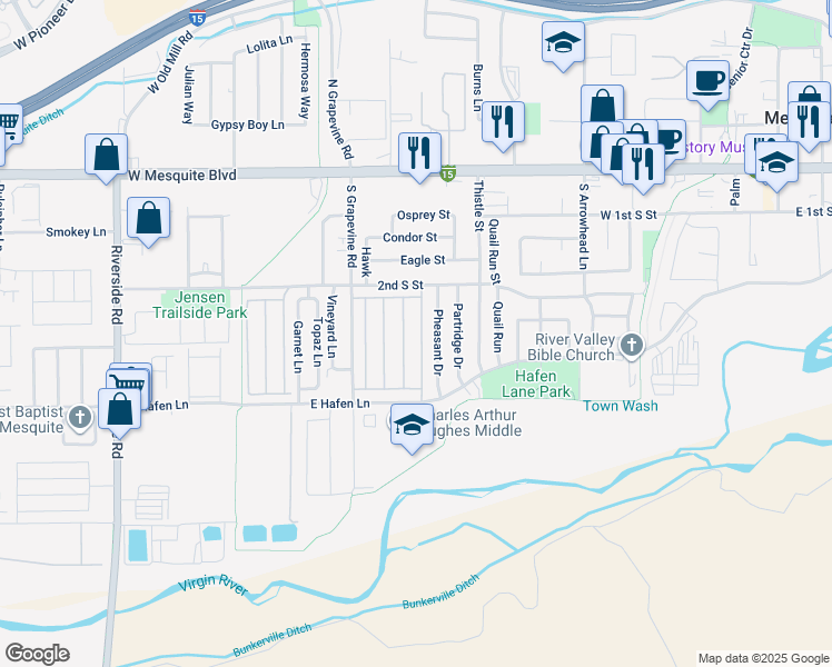 map of restaurants, bars, coffee shops, grocery stores, and more near 244 Muscat Drive in Mesquite