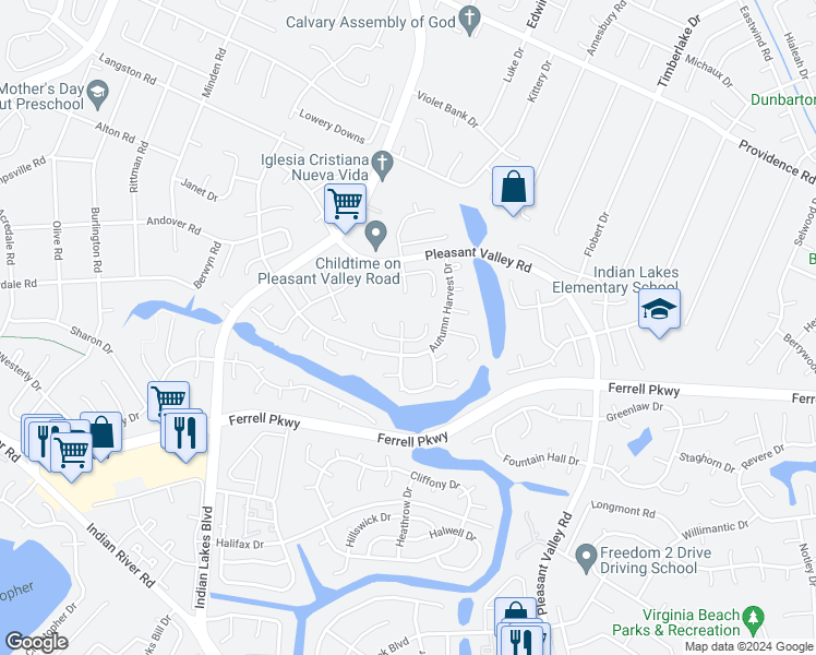 map of restaurants, bars, coffee shops, grocery stores, and more near 1212 Richwood Court in Virginia Beach