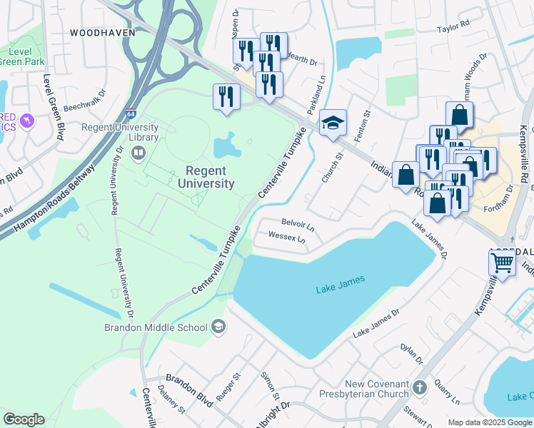 map of restaurants, bars, coffee shops, grocery stores, and more near 1057 Belvoir Lane in Virginia Beach