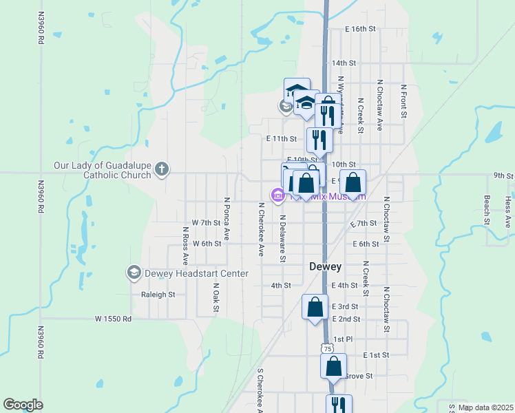 map of restaurants, bars, coffee shops, grocery stores, and more near 501 East Don Tyler Avenue in Dewey