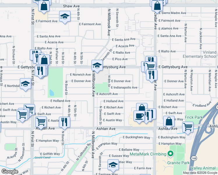 map of restaurants, bars, coffee shops, grocery stores, and more near 3800 E Indianapolis Ave in Fresno