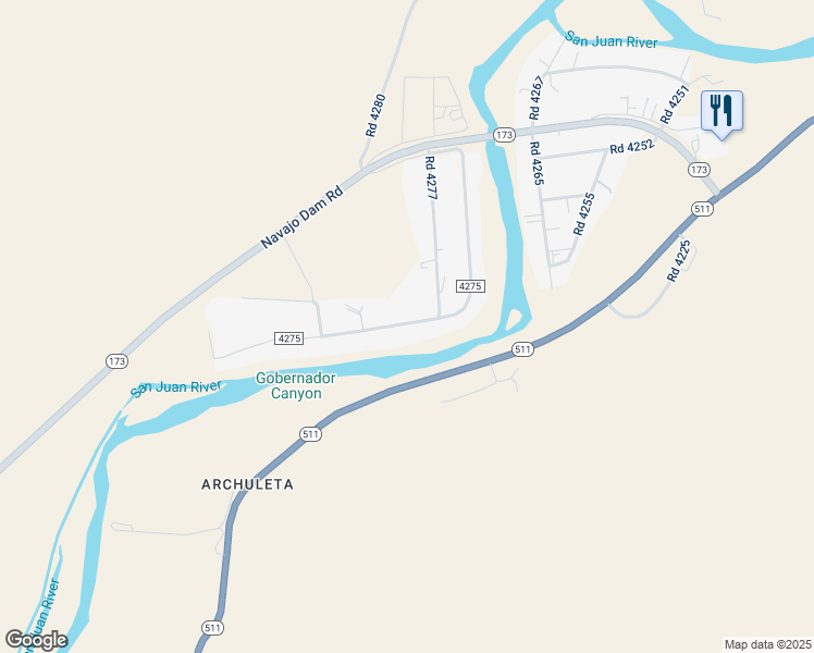 map of restaurants, bars, coffee shops, grocery stores, and more near 56 Co Road 4275 in Navajo Dam