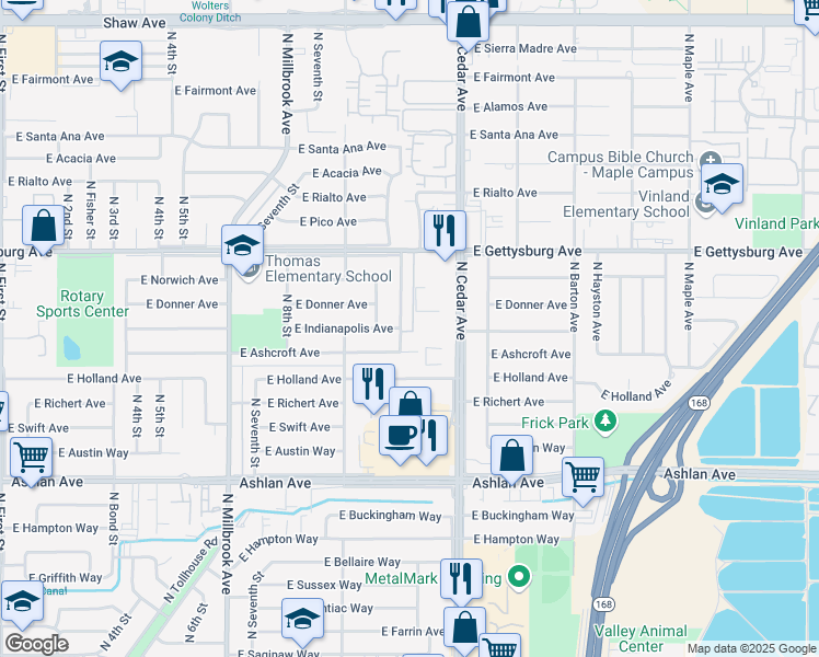 map of restaurants, bars, coffee shops, grocery stores, and more near 4555 North Cedar Avenue in Fresno