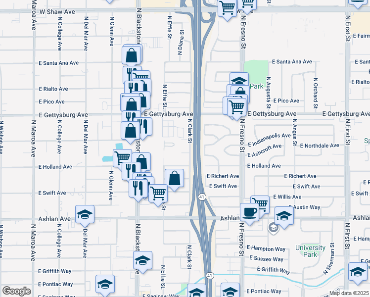 map of restaurants, bars, coffee shops, grocery stores, and more near 2014 East Indianapolis Avenue in Fresno