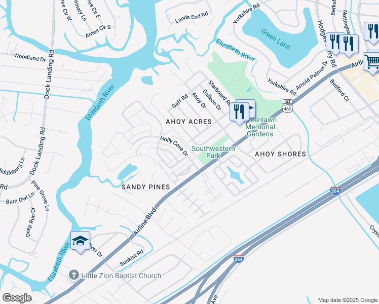 map of restaurants, bars, coffee shops, grocery stores, and more near 3932 Port Road in Chesapeake