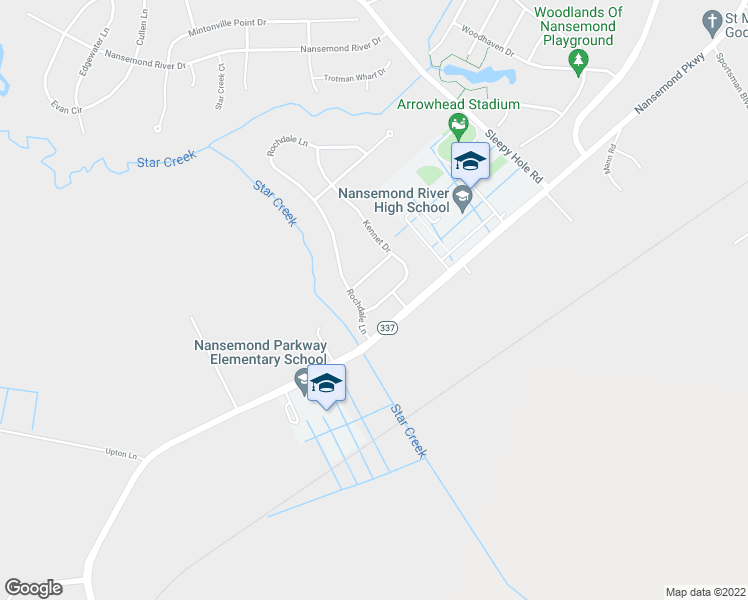 map of restaurants, bars, coffee shops, grocery stores, and more near 102 Kennet Drive in Suffolk