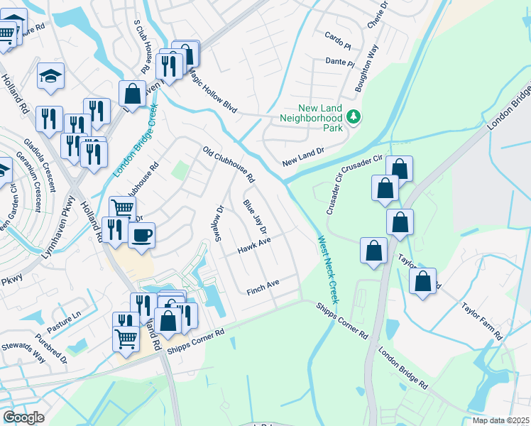 map of restaurants, bars, coffee shops, grocery stores, and more near 1245 Old Clubhouse Road in Virginia Beach