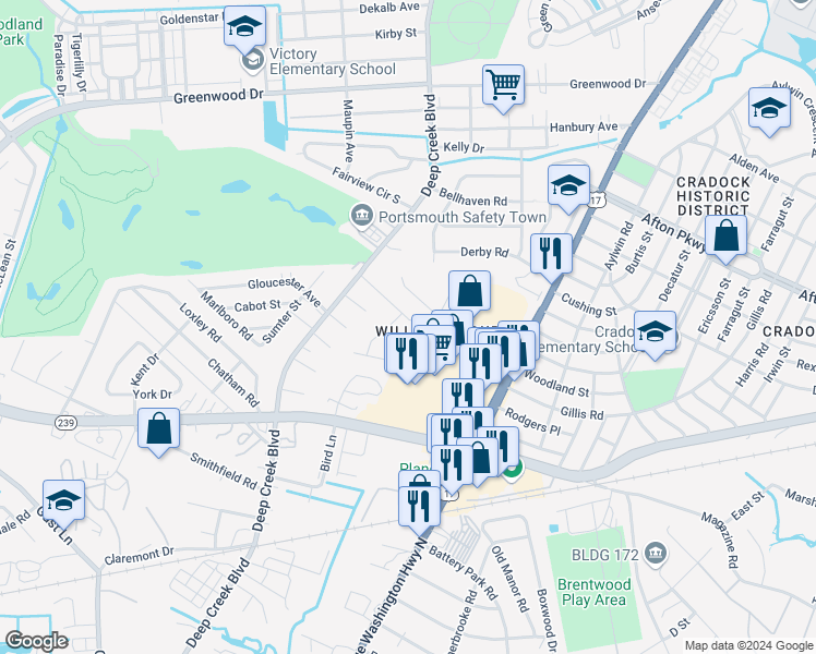 map of restaurants, bars, coffee shops, grocery stores, and more near 139 Anchor Street in Portsmouth