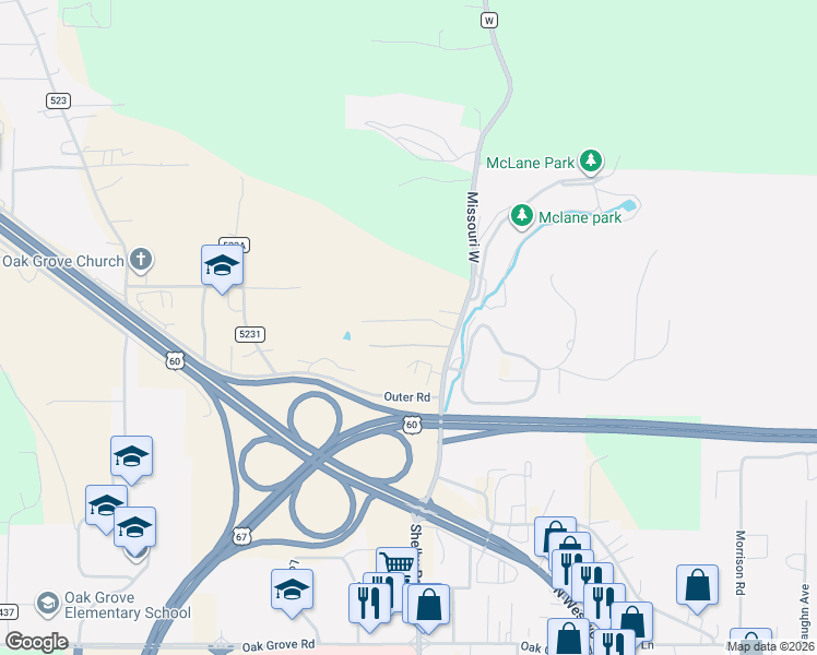 map of restaurants, bars, coffee shops, grocery stores, and more near 437 Highway West in Poplar Bluff