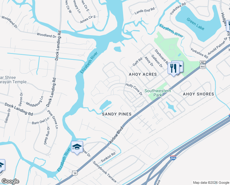 map of restaurants, bars, coffee shops, grocery stores, and more near 4157 Holly Cove Drive in Chesapeake