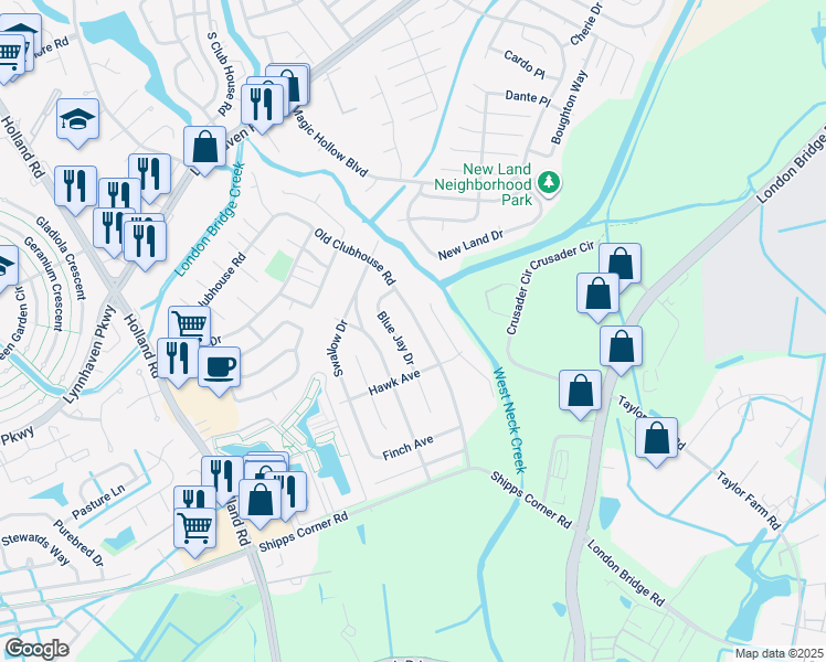 map of restaurants, bars, coffee shops, grocery stores, and more near 1245 Old Clubhouse Road in Virginia Beach