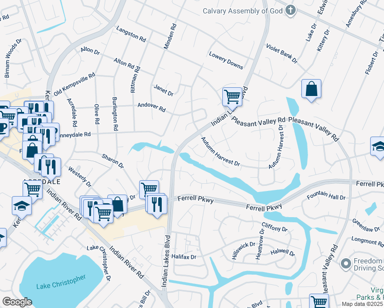 map of restaurants, bars, coffee shops, grocery stores, and more near 1217 Etworth Lane in Virginia Beach