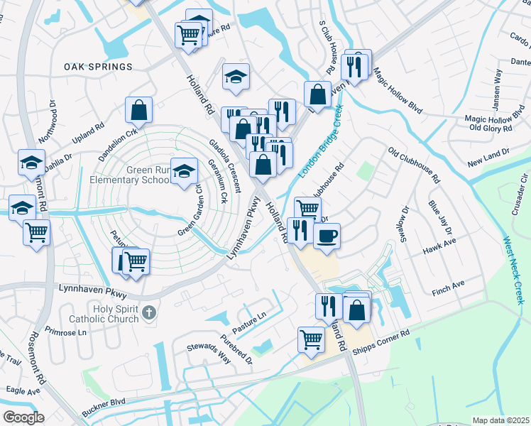 map of restaurants, bars, coffee shops, grocery stores, and more near 3345 Weeping Willow Lane in Virginia Beach