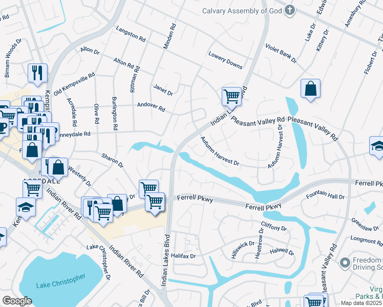 map of restaurants, bars, coffee shops, grocery stores, and more near 1217 Etworth Lane in Virginia Beach
