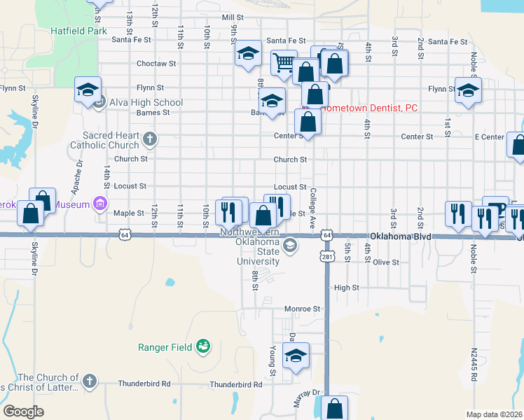 map of restaurants, bars, coffee shops, grocery stores, and more near 725 Locust Street in Alva