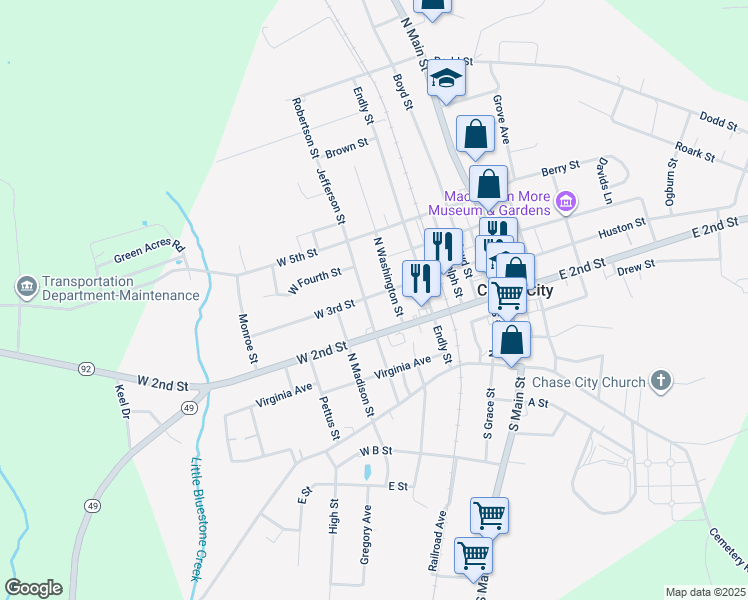 map of restaurants, bars, coffee shops, grocery stores, and more near 219 West 3rd Street in Chase City