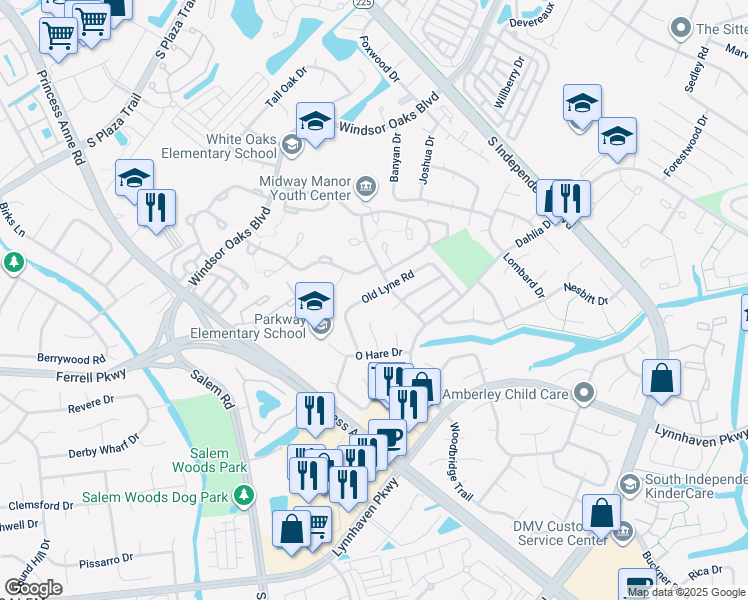 map of restaurants, bars, coffee shops, grocery stores, and more near 4211 Old Lyne Road in Virginia Beach