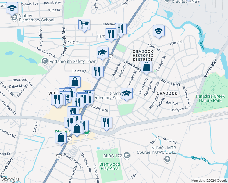 map of restaurants, bars, coffee shops, grocery stores, and more near 4 Frailey Place in Portsmouth