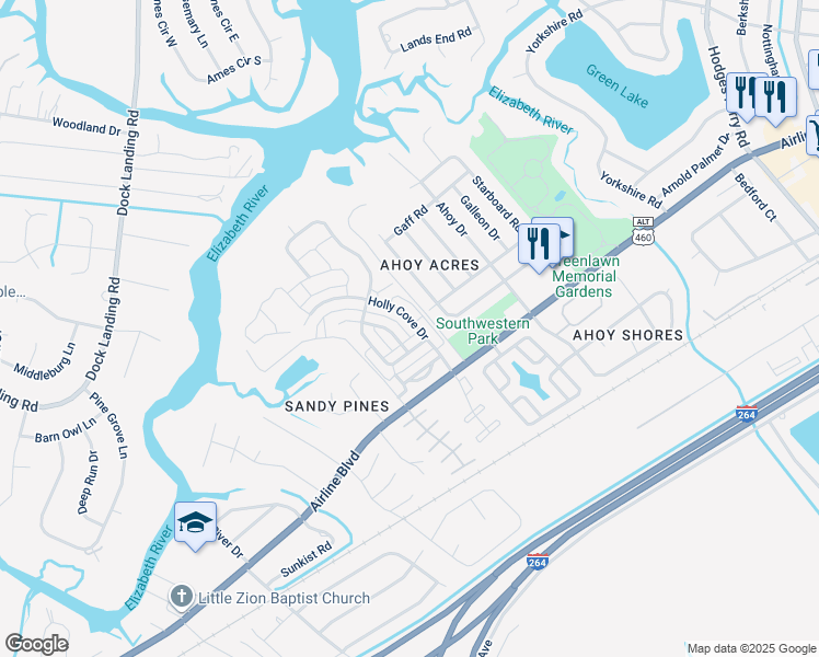 map of restaurants, bars, coffee shops, grocery stores, and more near 3961 Holly Cove Drive in Chesapeake
