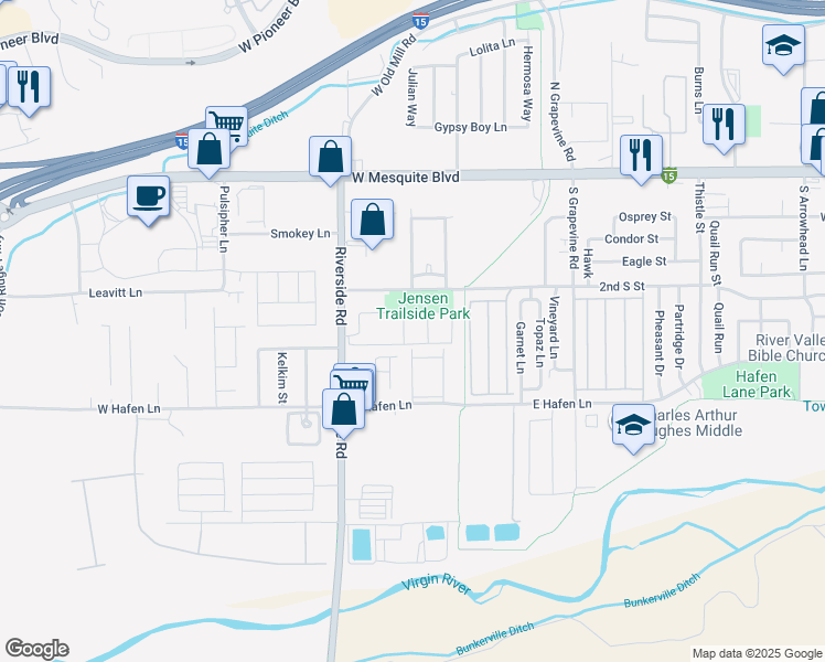 map of restaurants, bars, coffee shops, grocery stores, and more near 280 Riverside Road in Mesquite