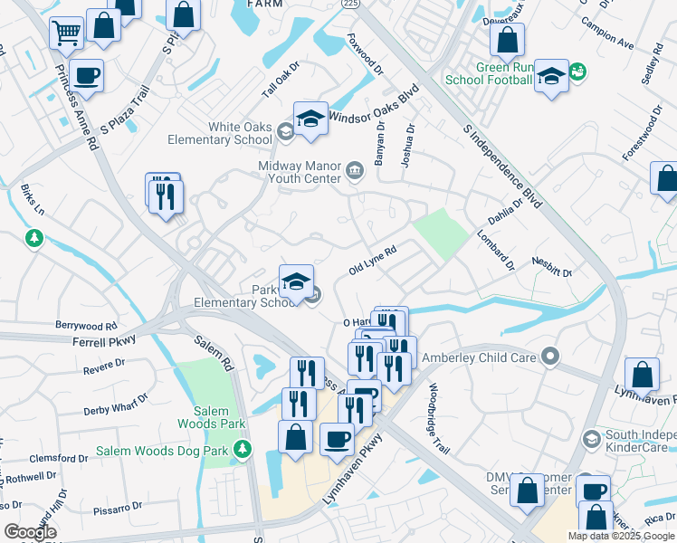 map of restaurants, bars, coffee shops, grocery stores, and more near 4222 Old Lyne Road in Virginia Beach
