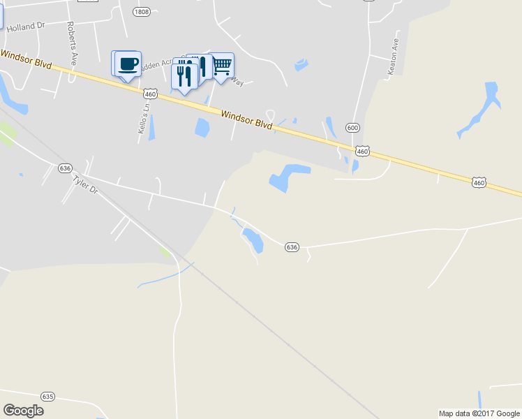 map of restaurants, bars, coffee shops, grocery stores, and more near 13465 Old Suffolk Road in Windsor
