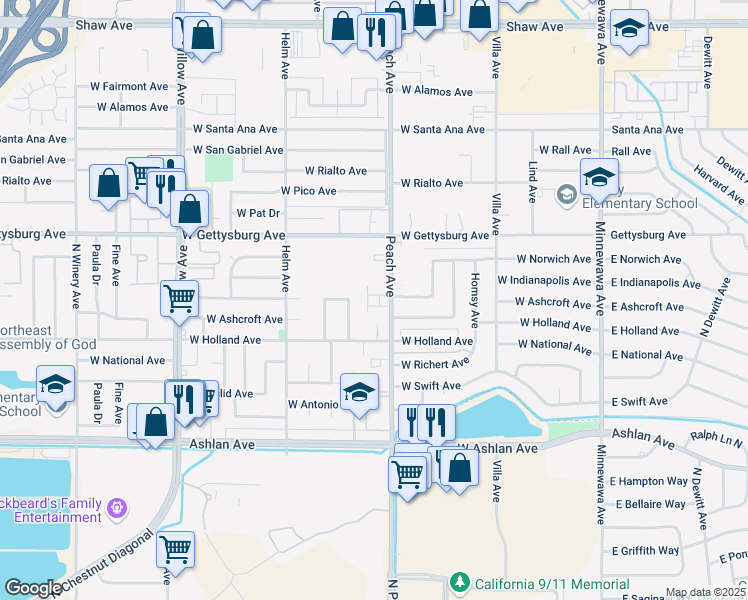 map of restaurants, bars, coffee shops, grocery stores, and more near 2957 Terry Avenue in Clovis