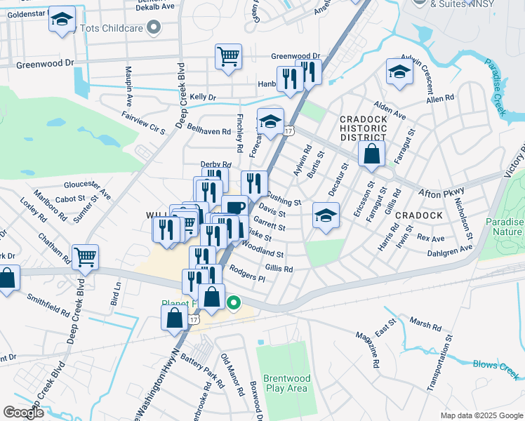 map of restaurants, bars, coffee shops, grocery stores, and more near 12 Davis Street in Portsmouth