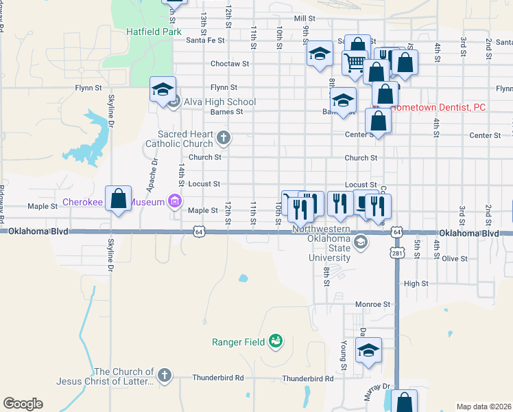 map of restaurants, bars, coffee shops, grocery stores, and more near 1027 Locust Street in Alva